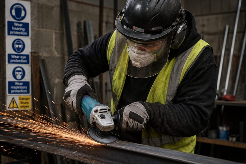 Tradesman using a corded angle grinder to grind a steel beam, wearing a hard hat, face shield, ear defenders, dust mask and protective gloves while sparks fly across the workshop.