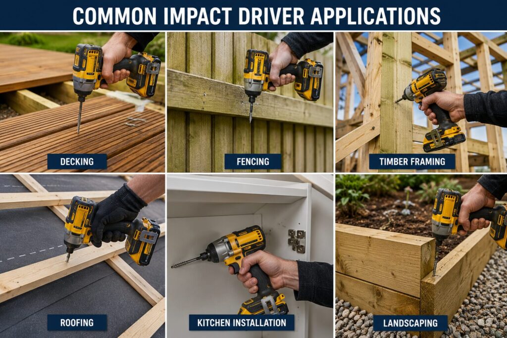 DeWalt 18V XR brushless impact driver driving a long hex-shank screw into a timber beam, demonstrating the tool's high-torque fastening performance on a woodworking project.