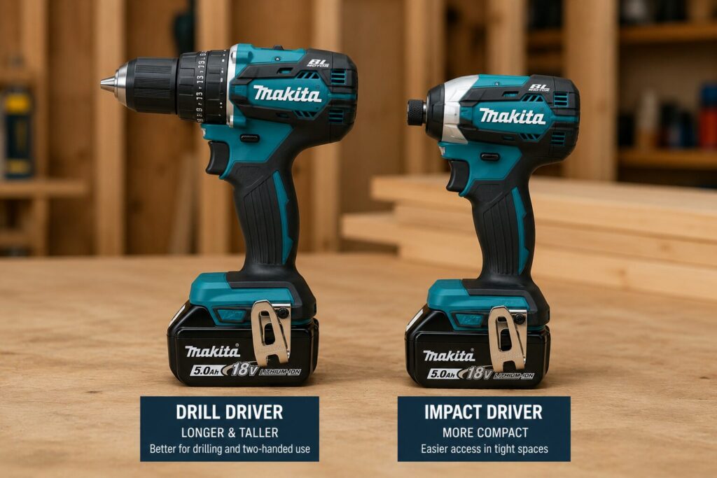 Side-by-side comparison of a Makita combi drill and Makita impact driver, highlighting the drill driver's longer body and chuck versus the impact driver's shorter, more compact design for working in tight spaces.