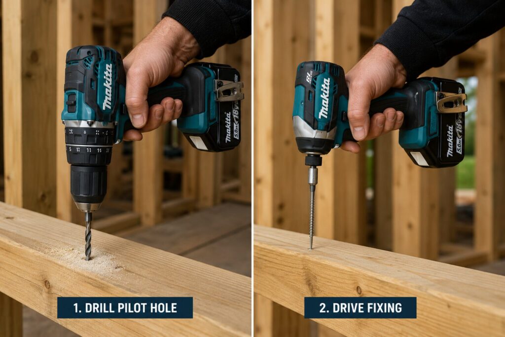 Side-by-side demonstration showing a Makita combi drill drilling a pilot hole into timber before a Makita impact driver drives a screw into the same piece of wood for secure fastening.