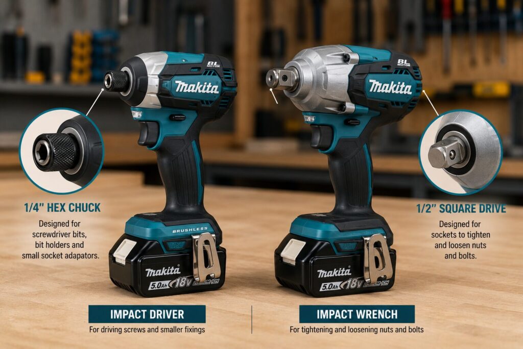 Side-by-side comparison of a Makita impact driver with a 1/4-inch hex chuck and a Makita impact wrench with a 1/2-inch square drive, illustrating the different chuck types for driving screws and tightening nuts and bolts.