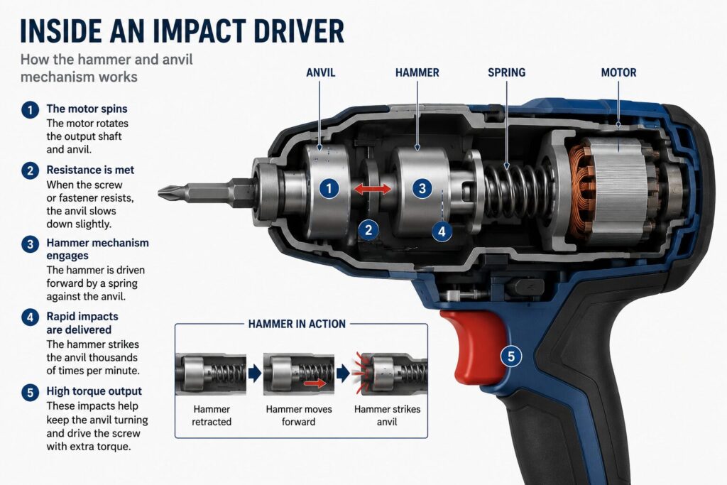 Cutaway diagram of an impact driver showing the internal hammer, anvil, spring and motor, with step-by-step illustrations explaining how the hammer and anvil mechanism delivers high torque through rapid impacts.