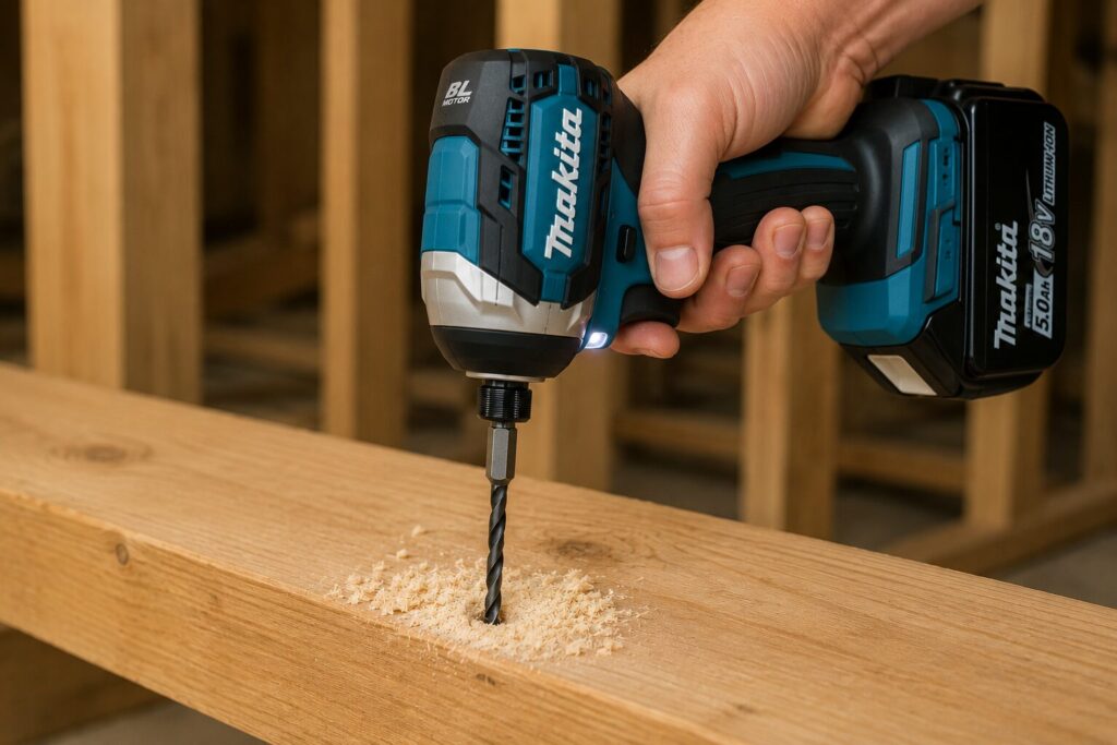 Makita 18V LXT brushless impact driver fitted with a hex-shank drill bit drilling into a timber beam, demonstrating the use of impact-rated drill bits for drilling wood.