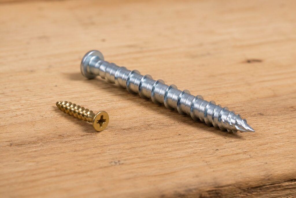 Comparison of a small wood screw beside a much larger structural timber screw, illustrating the difference in size and fixing applications for light-duty and heavy-duty fastening.