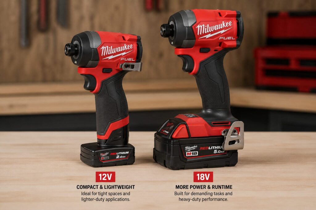 Side-by-side comparison of 12V and 18V cordless impact drivers, highlighting the compact size of the 12V model versus the larger, more powerful 18V version with a higher-capacity battery.