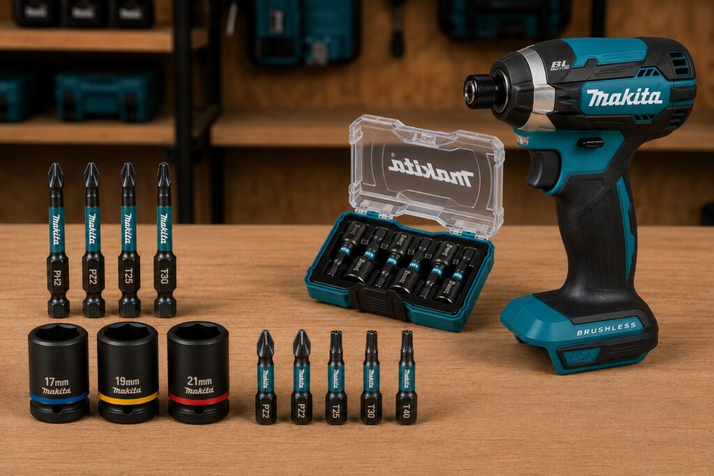 Makita brushless impact driver displayed alongside a selection of impact-rated accessories, including screwdriver bits, Torx bits, nut drivers and socket adaptors in a storage case, illustrating common accessories for impact driving tasks.