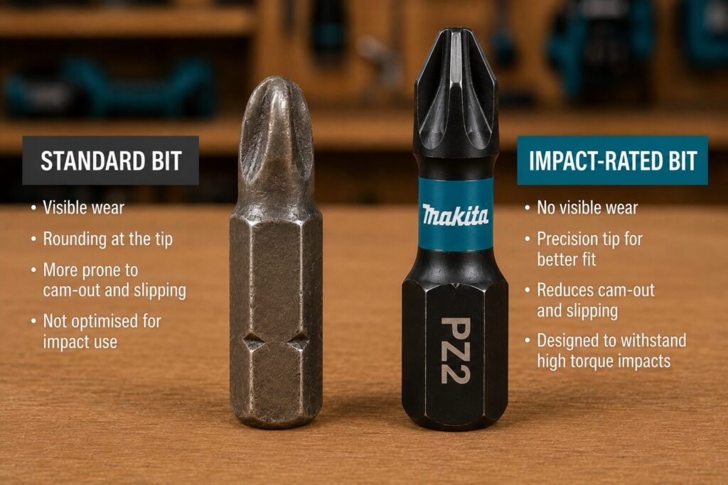 Side-by-side comparison of a worn standard screwdriver bit and a new impact-rated PZ2 bit, highlighting the improved durability, precision tip and reduced cam-out of impact-rated accessories.