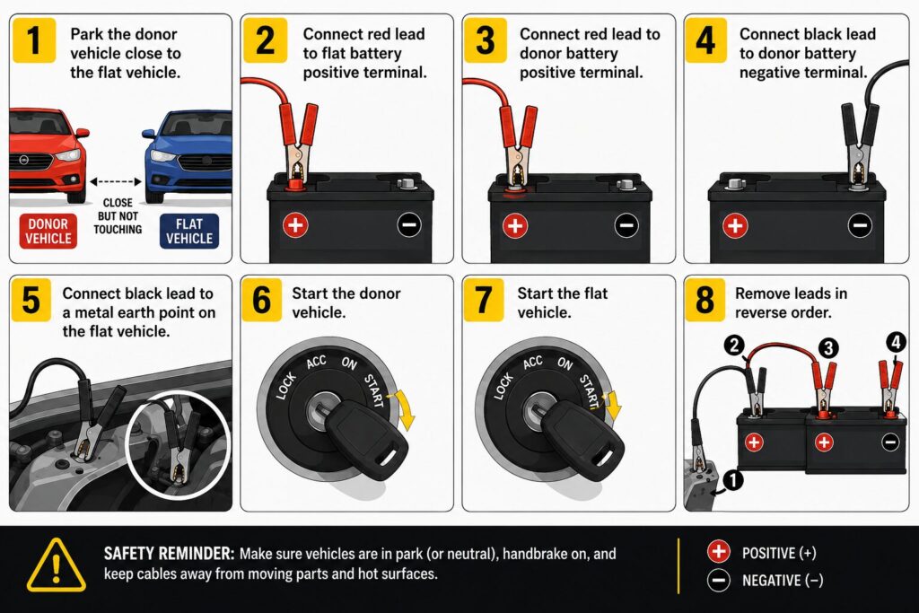 How to Jump Start A Car 2 Illustrated step-by-step guide showing how to jump start a car using jumper leads. Eight numbered panels demonstrate: park the donor vehicle close without touching, connect the red lead to the flat battery positive terminal, connect the other red lead to the donor battery positive terminal, connect the black lead to the donor battery negative terminal, connect the remaining black lead to a metal earth point on the flat vehicle, start the donor vehicle, start the flat vehicle, then remove the leads in reverse order. A safety reminder advises keeping vehicles in park or neutral with the handbrake on and keeping cables away from moving parts and hot surfaces. Icons identify positive (+) and negative (-) battery terminals.