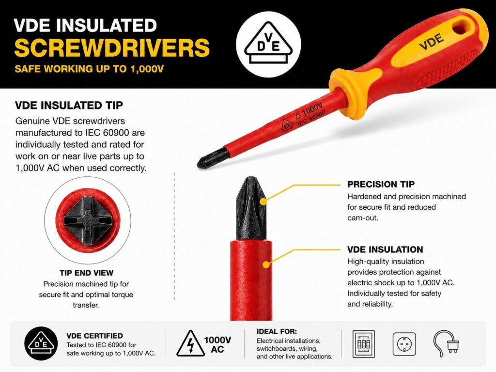 Types of Screwdrivers Explained: Pozi, Phillips, Torx, Flathead and More 18 Informational graphic explaining VDE insulated screwdrivers designed for electrical work on live systems up to 1,000V AC. The image shows a red and yellow insulated Phillips screwdriver marked with VDE and IEC 60900 certification. Labels highlight the precision machined tip, which provides a secure fit and reduced cam out, and the insulated shaft coating that helps protect users from electric shock when working on energised equipment. An enlarged view of the tip shows the insulated coating extending close to the screwdriver head. Additional icons and text indicate that the tool is individually tested to IEC 60900 standards and is suitable for electrical installations, switchboards, wiring, sockets, and other live electrical applications.