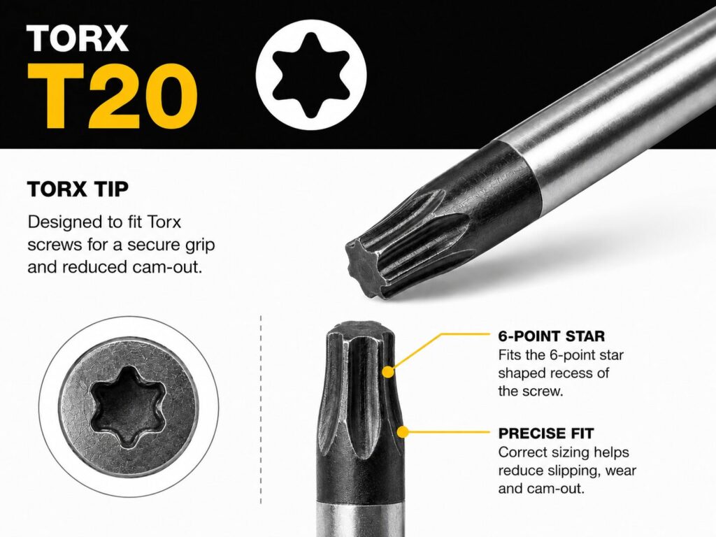 Types of Screwdrivers Explained: Pozi, Phillips, Torx, Flathead and More 14 Close up illustration of a Torx T20 screwdriver bit and matching screw head. The image explains that the Torx tip is designed to fit Torx screws for a secure grip and reduced cam out. Labels identify the six point star shaped profile that engages the screw recess and a centre hole designed to fit around a security pin found in tamper resistant Torx screws. An inset image shows the matching Torx screw head with its six lobed star shaped recess and central pin. The graphic highlights Torx as a design that improves torque transfer and reduces slippage during fastening.