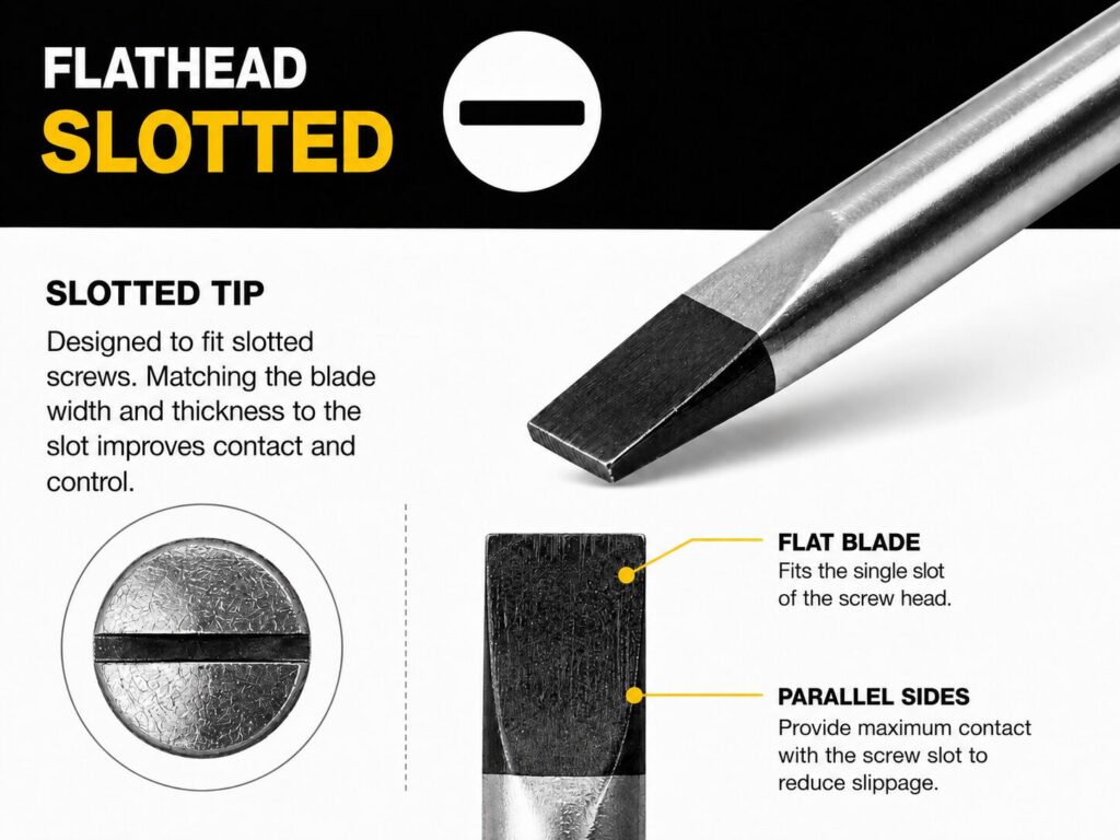 Types of Screwdrivers Explained: Pozi, Phillips, Torx, Flathead and More 13 Close up illustration of a flathead, also known as a slotted, screwdriver tip and matching screw head. The image explains that the slotted tip is designed to fit flathead screws for a secure grip and reduced cam out. Labels identify the flat blade that fits into the single slot of the screw head and the parallel sides that maximise contact with the slot to help reduce slippage. An inset image shows the corresponding slotted screw head with a single straight recess across its centre.