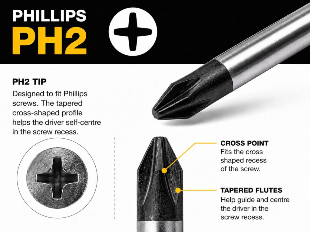 Types of Screwdrivers Explained: Pozi, Phillips, Torx, Flathead and More 3 Close up illustration of a Phillips PH2 screwdriver tip showing its four point cross shaped design. The image explains that a PH2 tip is designed to fit Phillips screws for a secure grip and reduced cam out. Labels identify the cross point that engages the screw recess and the tapered flutes that help guide the driver into the screw while reducing slippage. An inset image shows the matching Phillips screw head recess.
