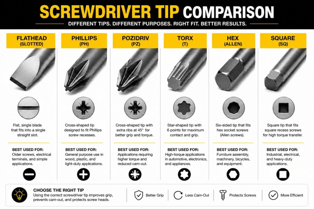 Types of Screwdrivers Explained: Pozi, Phillips, Torx, Flathead and More 20 Infographic titled "Screwdriver Tip Comparison" comparing six common screwdriver tip types: Flathead Slotted, Phillips PH, Pozidriv PZ, Torx T, Hex Allen, and Square SQ. Each column shows a close up image of the screwdriver tip, the matching screw recess shape, a description of the tip design, and its typical applications. Flathead is shown for simple slotted screws, Phillips for general purpose cross head screws, Pozidriv for improved grip and higher torque, Torx for high torque applications with six point contact, Hex Allen for hex socket screws, and Square for square recess screws used in industrial and electrical applications. A banner at the bottom highlights benefits of choosing the correct tip, including better grip, less cam out, screw protection, and improved efficiency.