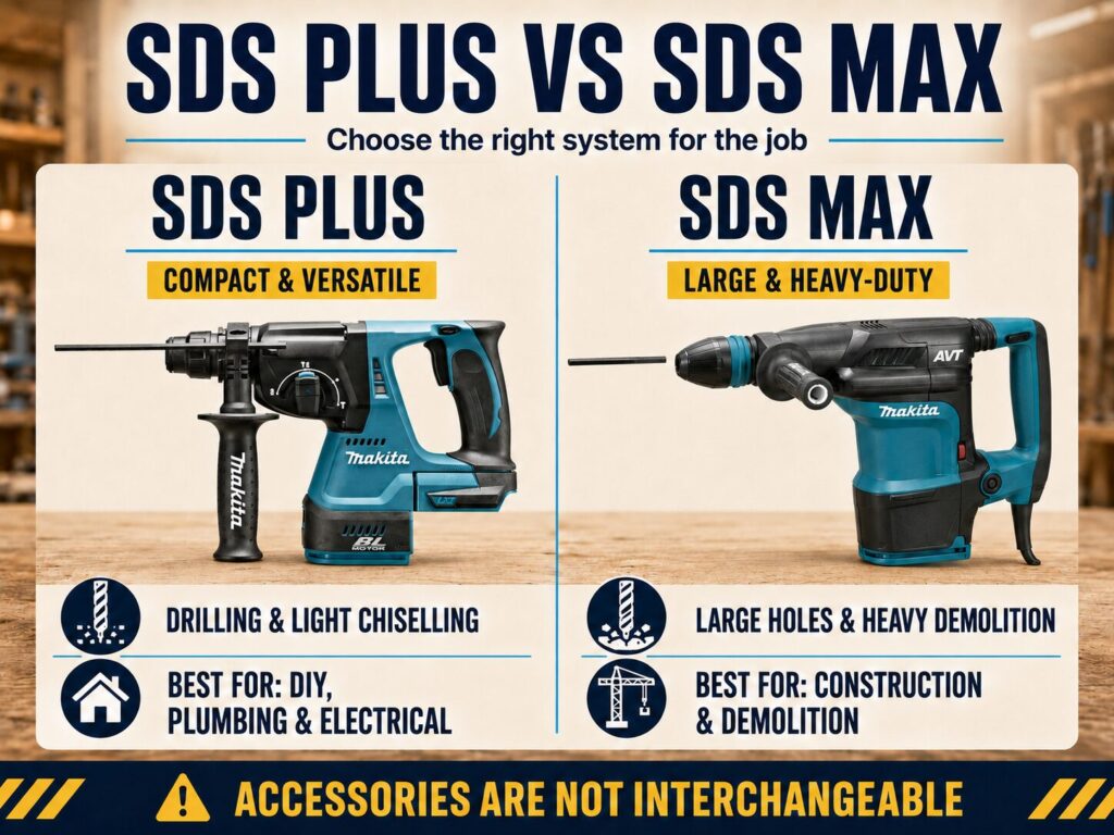 SDS Plus vs SDS Max comparison showing SDS Plus for drilling and light chiselling, and SDS Max for large holes and heavy demolition.