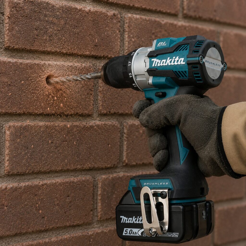 Close-up of a Makita cordless combi drill with a masonry bit drilling into the centre of a red brick, creating a cloud of brick dust as a gloved hand holds the tool against the wall.