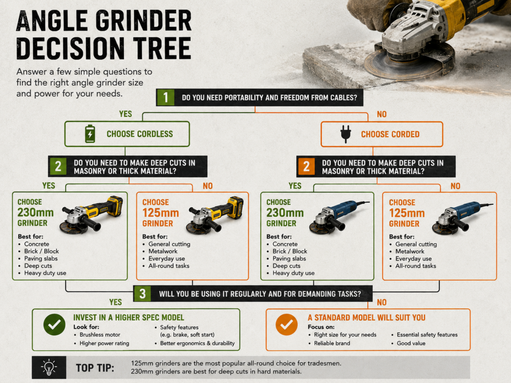 Infographic titled "Angle Grinder Decision Tree" that helps users choose the right angle grinder. Step 1 asks whether portability and freedom from cables are needed. Choosing "Yes" leads to cordless grinders, while "No" leads to corded grinders. Step 2 asks whether deep cuts in masonry or thick material are required. If yes, it recommends a 230mm grinder for concrete, brick, block, paving slabs, deep cuts and heavy duty use. If no, it recommends a 125mm grinder for general cutting, metalwork, everyday use and all round tasks. Step 3 asks whether the grinder will be used regularly for demanding tasks. If yes, it advises investing in a higher specification model with a brushless motor, higher power rating, safety features such as a brake and soft start, and improved ergonomics and durability. If no, it recommends a standard model, focusing on the correct size, a reliable brand, essential safety features and good value. A tip at the bottom states that 125mm grinders are the most popular all round choice for tradespeople, while 230mm grinders are best for deep cuts in hard materials.