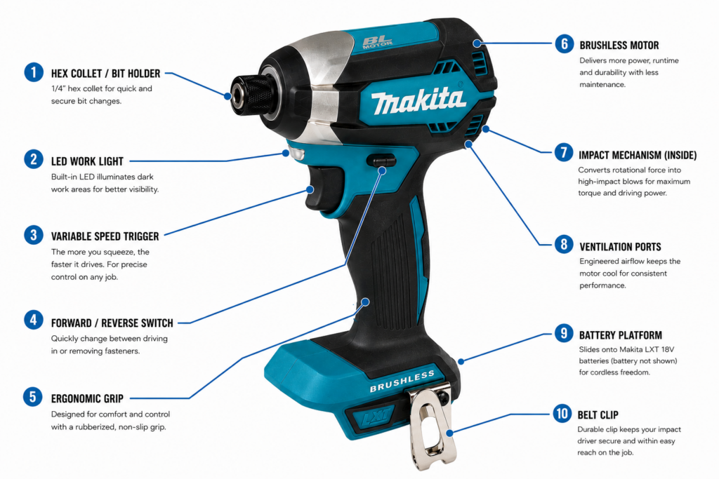 Makita 18V LXT brushless impact driver anatomy diagram showing hex collet, LED work light, variable speed trigger, forward/reverse switch, ergonomic grip, brushless motor, impact mechanism, ventilation ports, battery platform and belt clip.